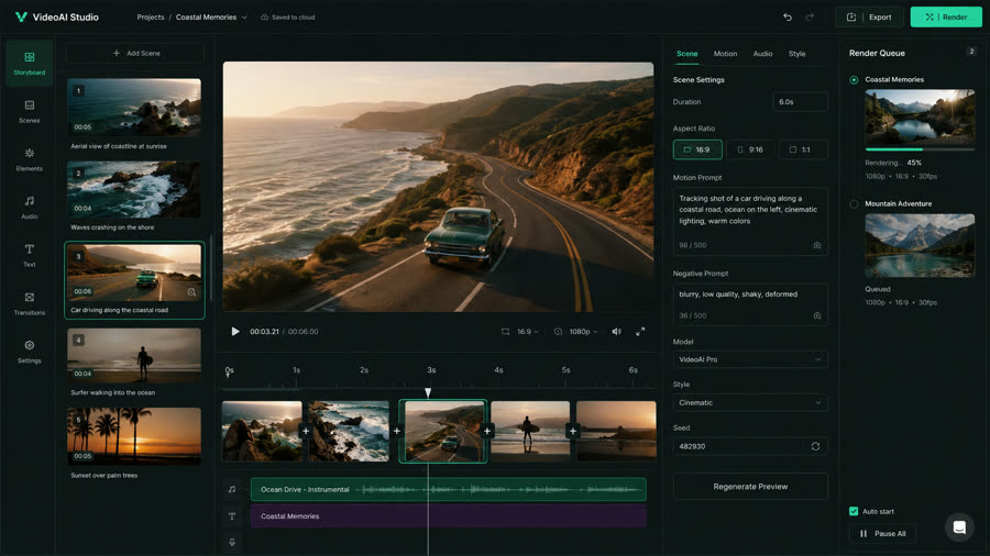 Giao diện công cụ tạo video AI: storyboard từng cảnh, khung xem trước và hàng đợi kết xuất